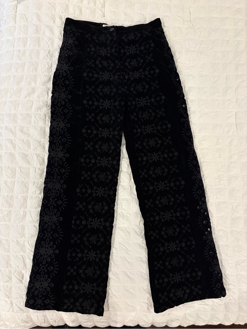 Zara Black Velvet Burnout Wide-Leg Pants
